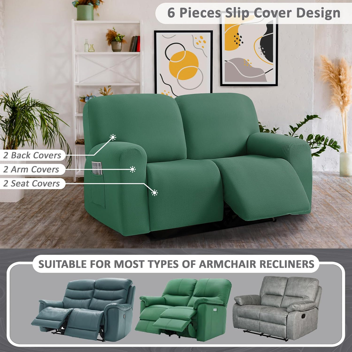 ULTICOR Jacquared Design, Reclining Loveseat Slipcover, 48" - 65" L, 2 Seat 6-Piece Recliner Cover, Washable (Retro Green)