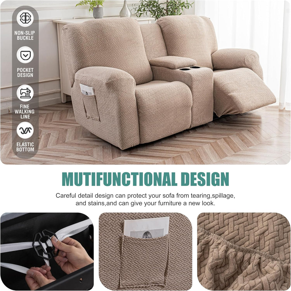 Genina Recliner Loveseat Covers with Console,2 Seater,Taupe