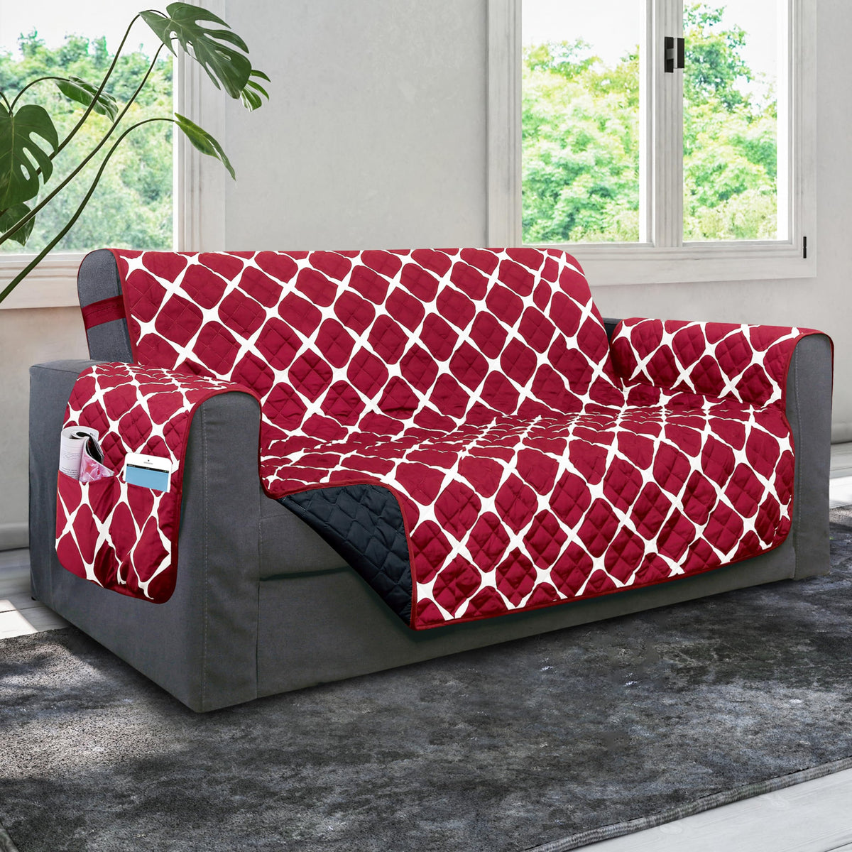 Elegant Comfort Quilted Furniture Protectors Solid and Printed Design Reversible Slipcovers Featuring Elastic Straps and Smart Pockets Great for Pets, and More, Bloomingdale Loveseat, Cream/Taupe