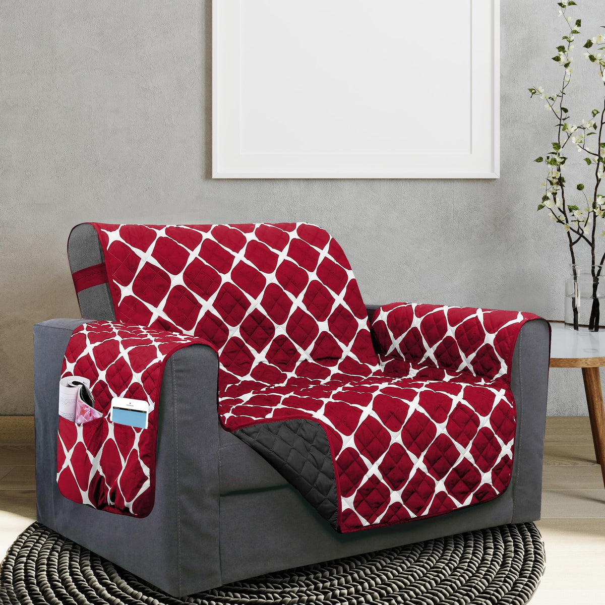Elegant Comfort Quilted Furniture Protectors Solid and Printed Design Reversible Slipcovers Featuring Elastic Straps and Smart Pockets Great for Pets, and More, Bloomingdale Loveseat, Cream/Taupe