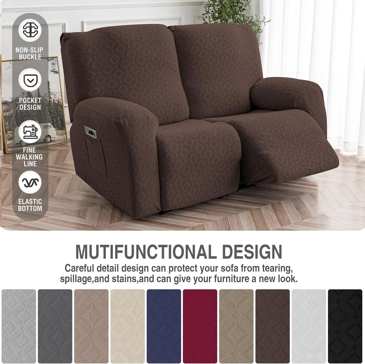 Genina Waterproof Recliner Loveseat Cover,2 Seat Couch Cover,Chocolate