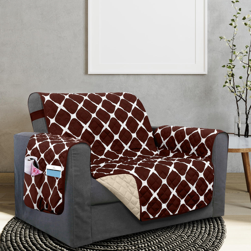 Elegant Comfort Quilted Furniture Protectors Solid and Printed Design Reversible Slipcovers Featuring Elastic Straps and Smart Pockets Great for Pets, and More, Bloomingdale Loveseat, Cream/Taupe