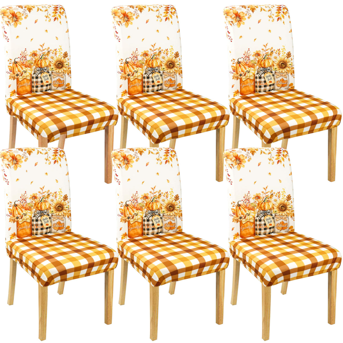 Halloween Chair Covers Set of 4, Fall Pumpkin Black/White Buffalo Plaid Chairs Slipcover for Dining Room, Removable Washable Breathable Cover in the Kitchen Restaurant Holiday Decor