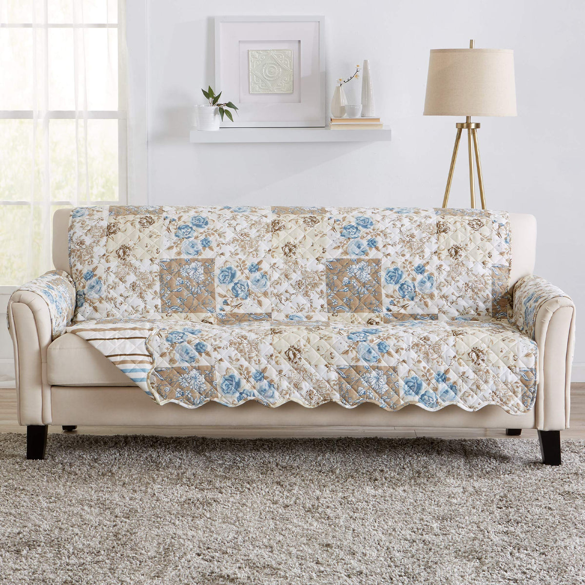 Great Bay Home Reversible Patchwork Loveseat Cover - Washable Slipcover Furniture Protector with Elastic Straps - Perfect for Kids & Pets - Box-Stitched Detail (Taupe)