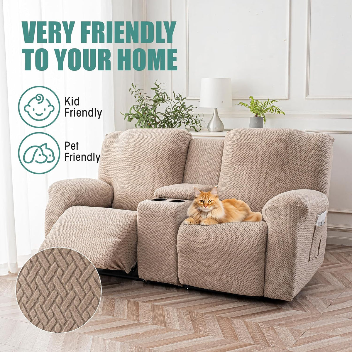 Genina Recliner Loveseat Covers with Console,2 Seater,Taupe