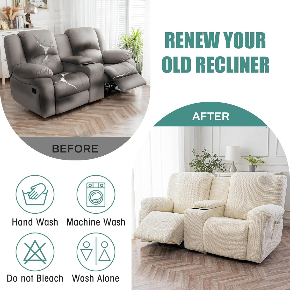Genina Recliner Loveseat Covers with Console,2 Seater,Beige