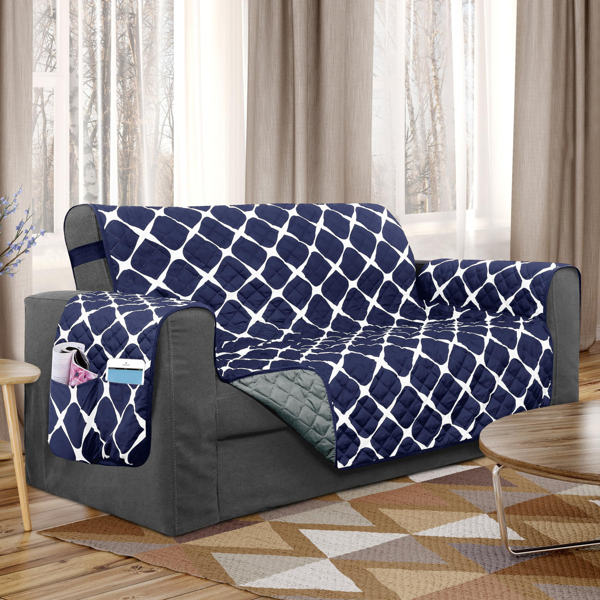 Elegant Comfort Quilted Furniture Protectors Solid and Printed Design Reversible Slipcovers Featuring Elastic Straps and Smart Pockets Great for Pets, and More, Bloomingdale Loveseat, Cream/Taupe