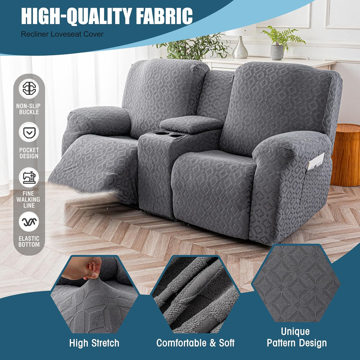 Genina Waterproof Recliner Loveseat Cover,2 Seat with Console,Dark Gray