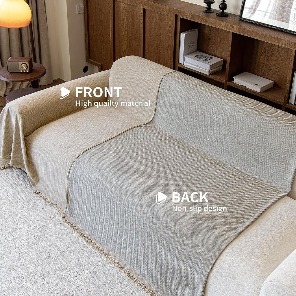 Couch Covers for Dogs 3 Cushion, Loveseat Slipcovers Washable, Pet L Shape Sectional Protector, Boho Sofa Blanket Cover, Herringbone Chenille, Light Khaki, 71"x118"