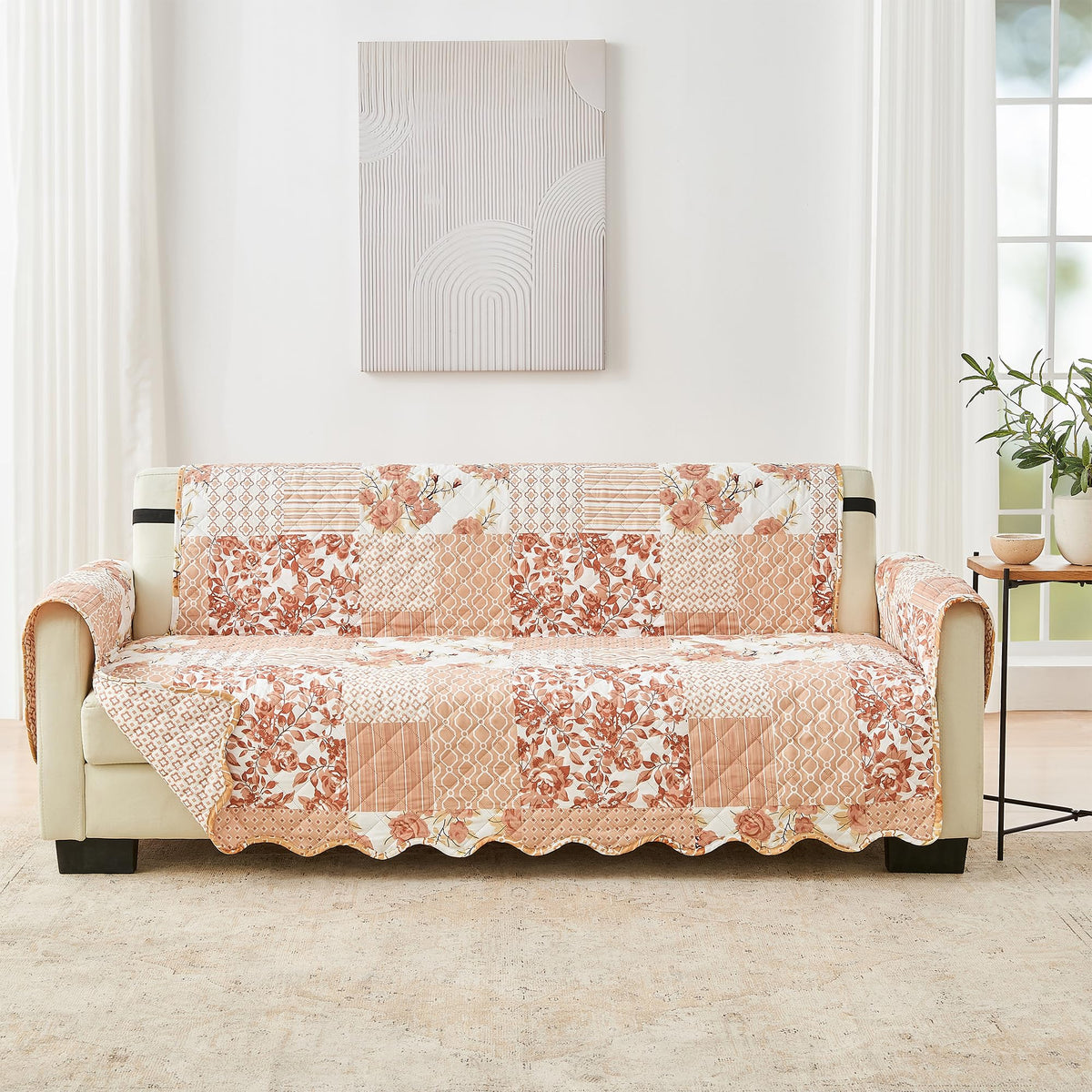 Great Bay Home Reversible Patchwork Sofa Cover - Washable Slipcover Furniture Protector with Elastic Straps - Perfect for Kids & Pets - Box-Stitched Detail (Taupe)
