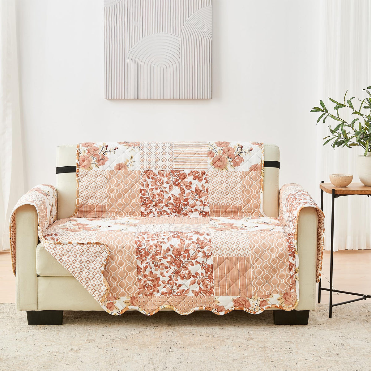 Great Bay Home Reversible Patchwork Sofa Cover - Washable Slipcover Furniture Protector with Elastic Straps - Perfect for Kids & Pets - Box-Stitched Detail (Taupe)