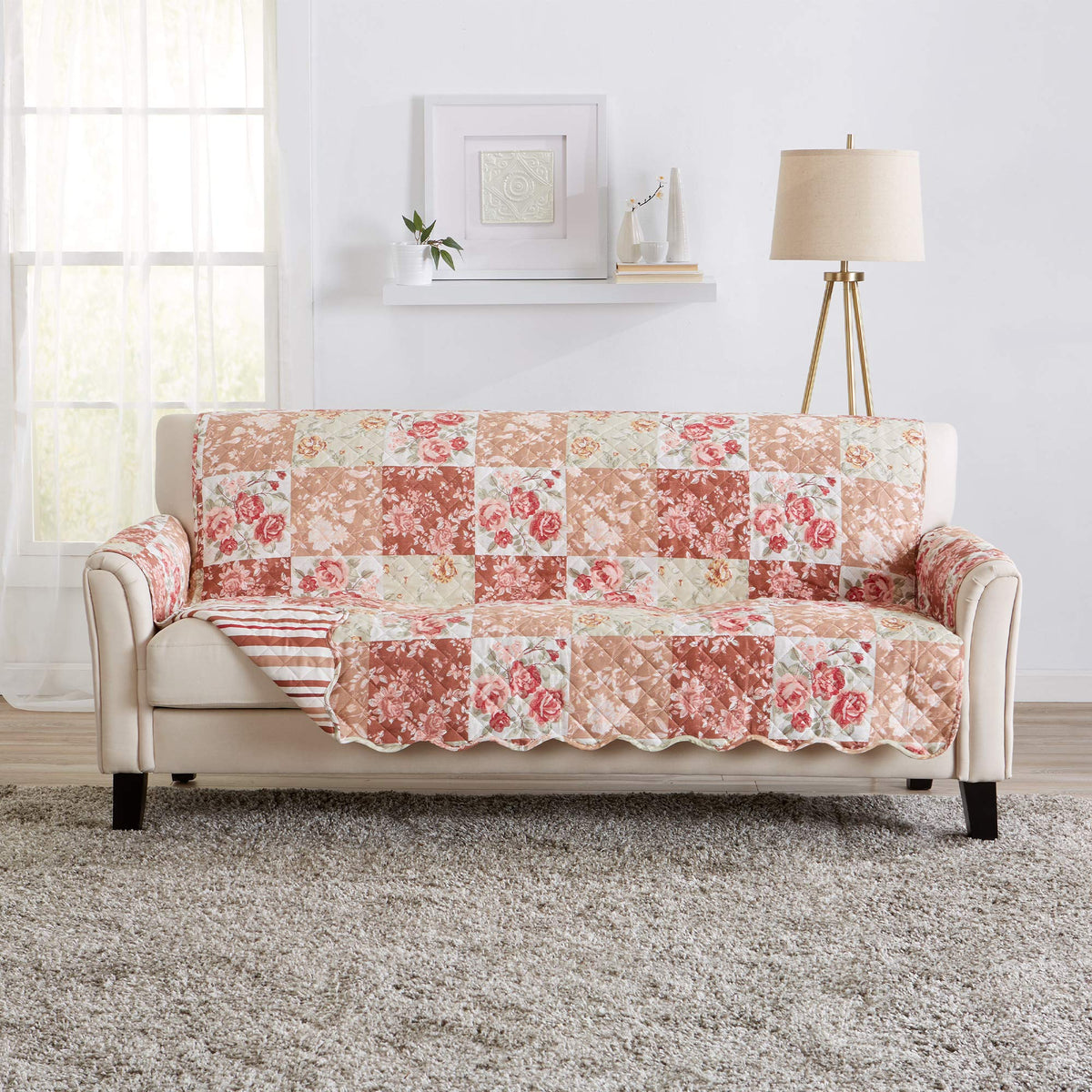 Great Bay Home Reversible Patchwork Sofa Cover - Washable Slipcover Furniture Protector with Elastic Straps - Perfect for Kids & Pets - Box-Stitched Detail (Taupe)