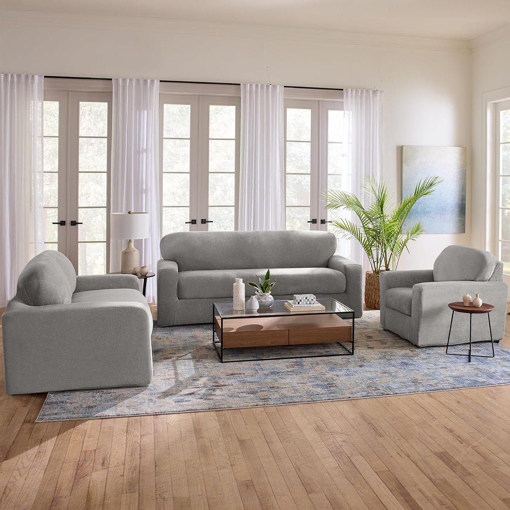 SureFit Cedar Stretch Texture Loveseat Slipcovers, Two-Piece Loveseat Cover and Cushion Cover for A Secure Fit, Machine Washable Cushion and Loveseat Covers, Gray