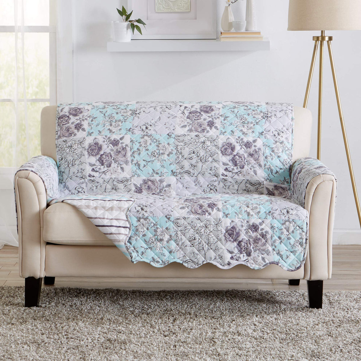 Great Bay Home Reversible Patchwork Loveseat Cover - Washable Slipcover Furniture Protector with Elastic Straps - Perfect for Kids & Pets - Box-Stitched Detail (Taupe)