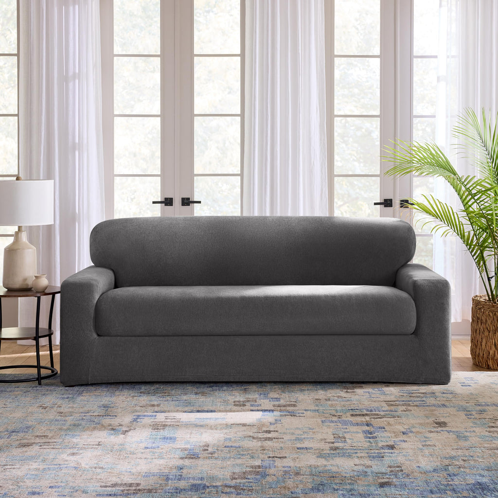 SureFit Cedar Stretch Texture Loveseat Slipcovers, Two-Piece Loveseat Cover and Cushion Cover for A Secure Fit, Machine Washable Cushion and Loveseat Covers, Gray