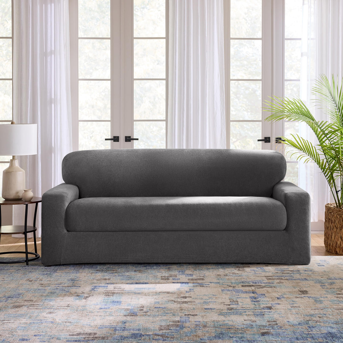 SureFit Cedar Stretch Texture Loveseat Slipcovers, Two-Piece Loveseat Cover and Cushion Cover for A Secure Fit, Machine Washable Cushion and Loveseat Covers, Gray