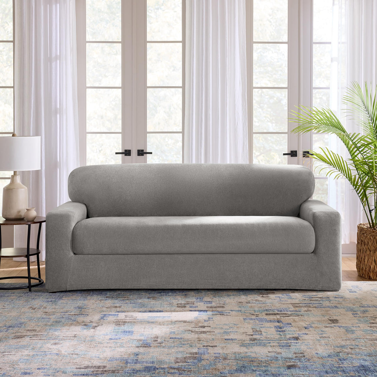 SureFit Cedar Stretch Texture Loveseat Slipcovers, Two-Piece Loveseat Cover and Cushion Cover for A Secure Fit, Machine Washable Cushion and Loveseat Covers, Gray