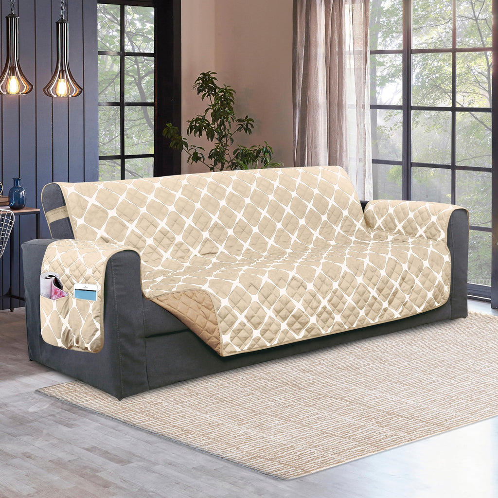 Elegant Comfort Quilted Furniture Protectors Solid and Printed Design Reversible Slipcovers Featuring Elastic Straps and Smart Pockets Great for Pets, and More, Bloomingdale Loveseat, Cream/Taupe