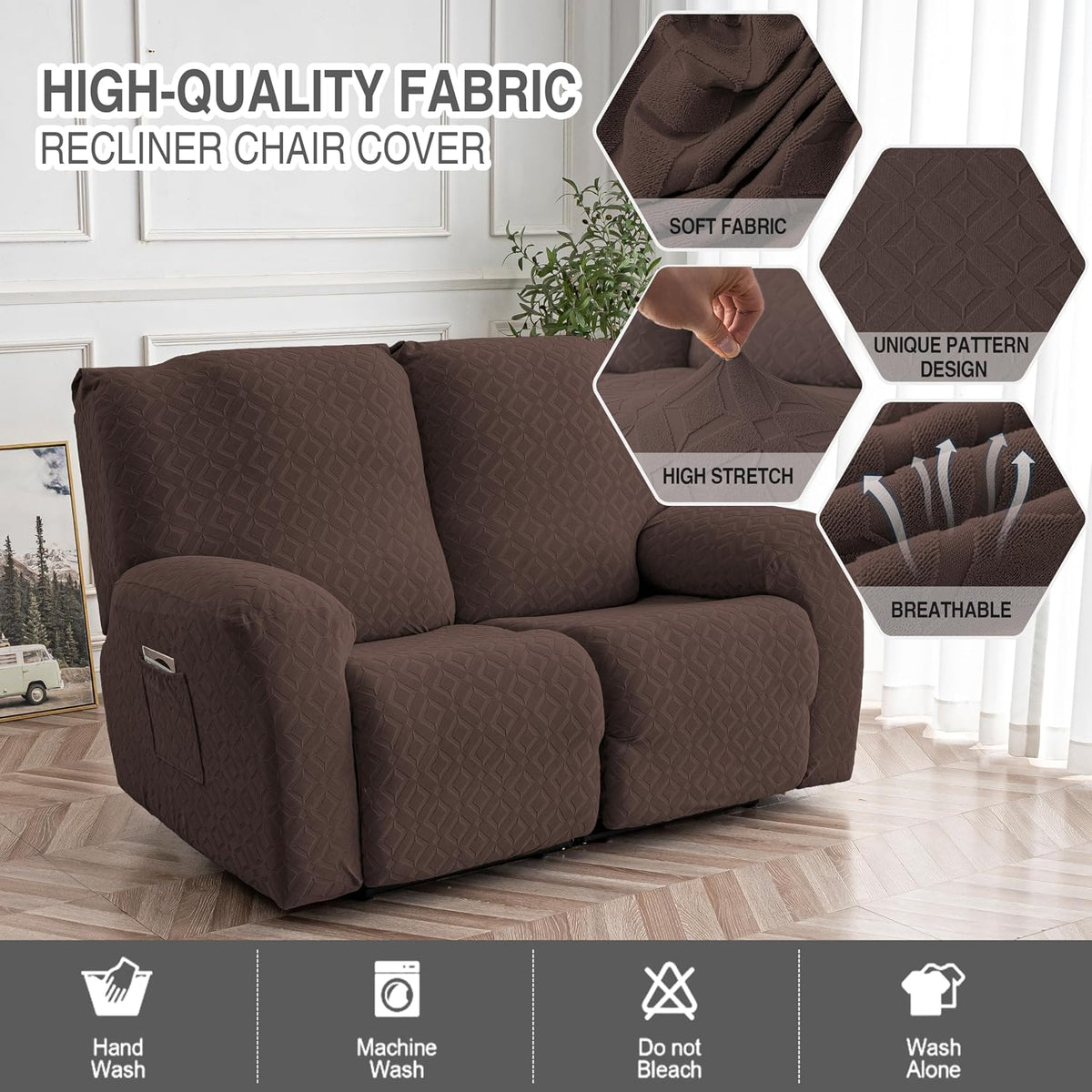 Genina Waterproof Recliner Loveseat Cover,2 Seat Couch Cover,Chocolate