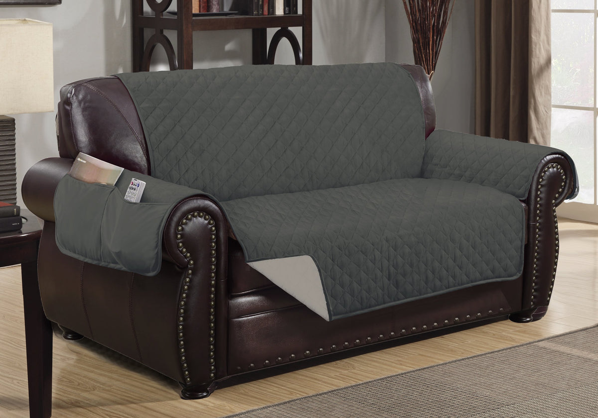 Crystal Trading Furniture Protector Slipcover - Reversible Quilted - Machine Washable - Polyester - Durable Fabric - 2 Pockets for Magazines, Newspapers, Remotes (Sofa, Purple-Light Purple)