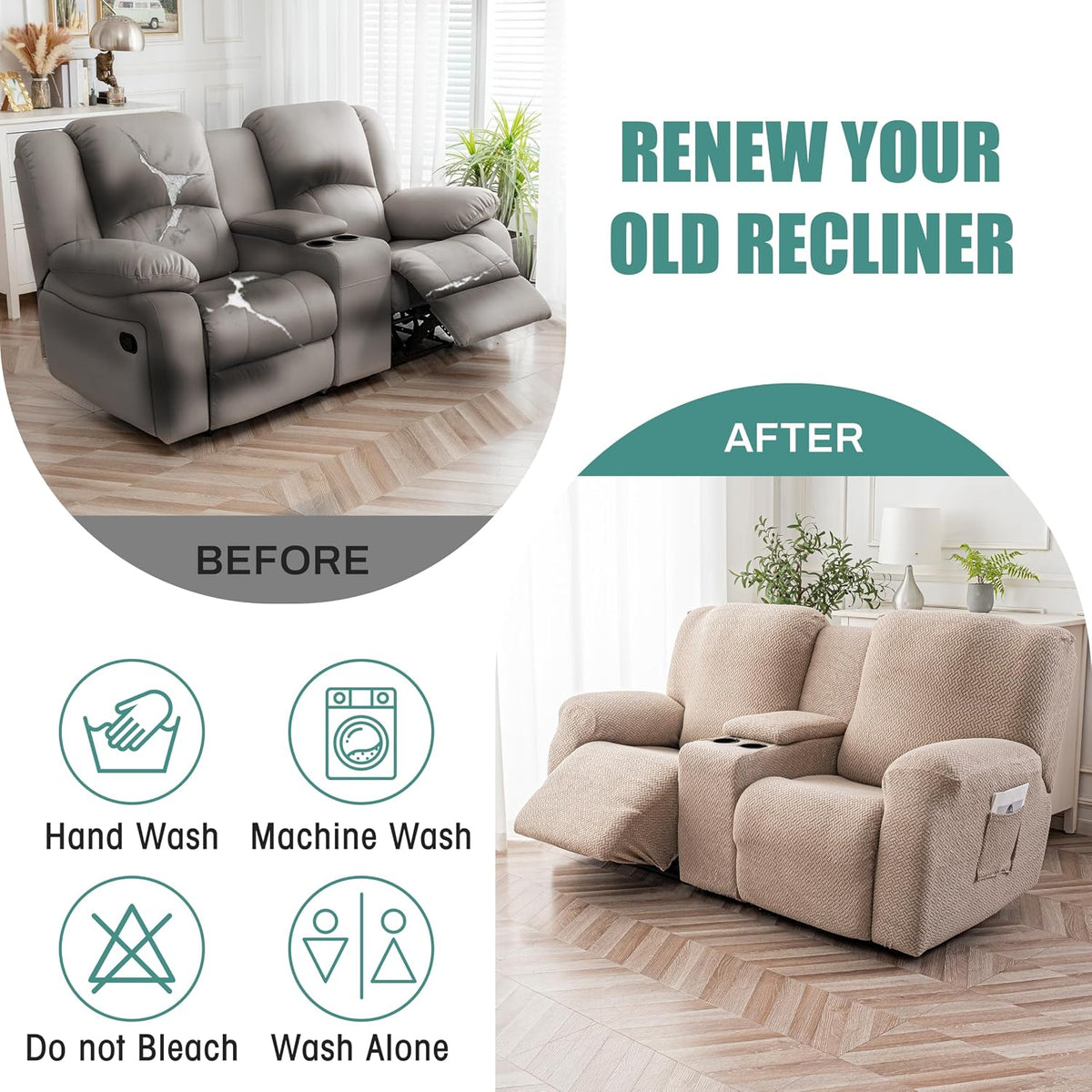 Genina Recliner Loveseat Covers with Console,2 Seater,Taupe