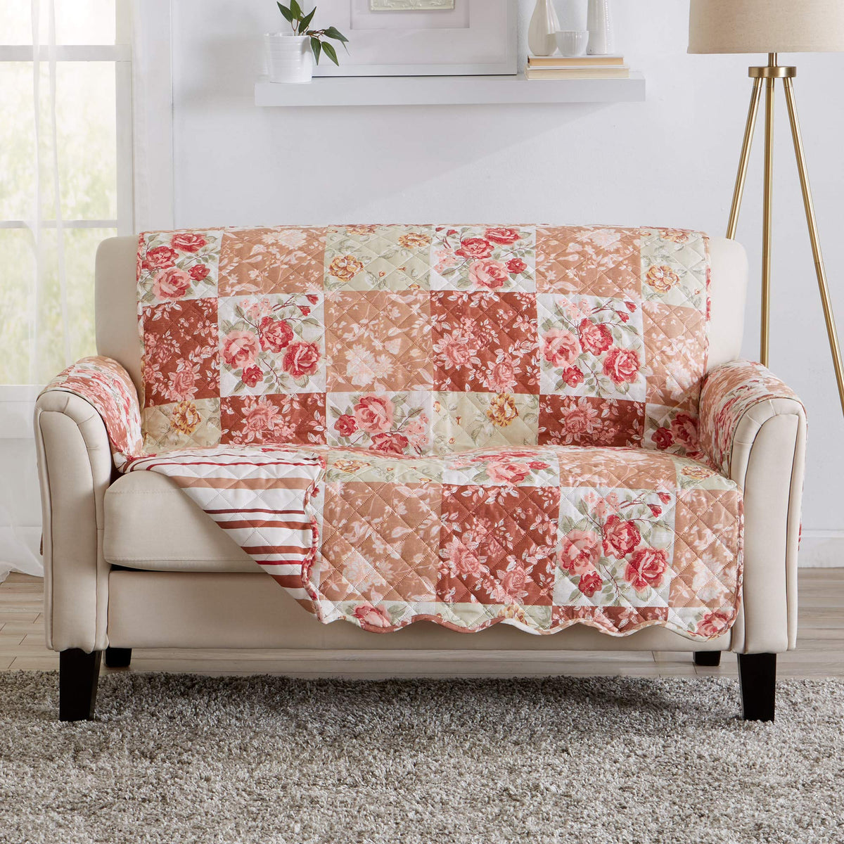 Great Bay Home Reversible Patchwork Sofa Cover - Washable Slipcover Furniture Protector with Elastic Straps - Perfect for Kids & Pets - Box-Stitched Detail (Taupe)