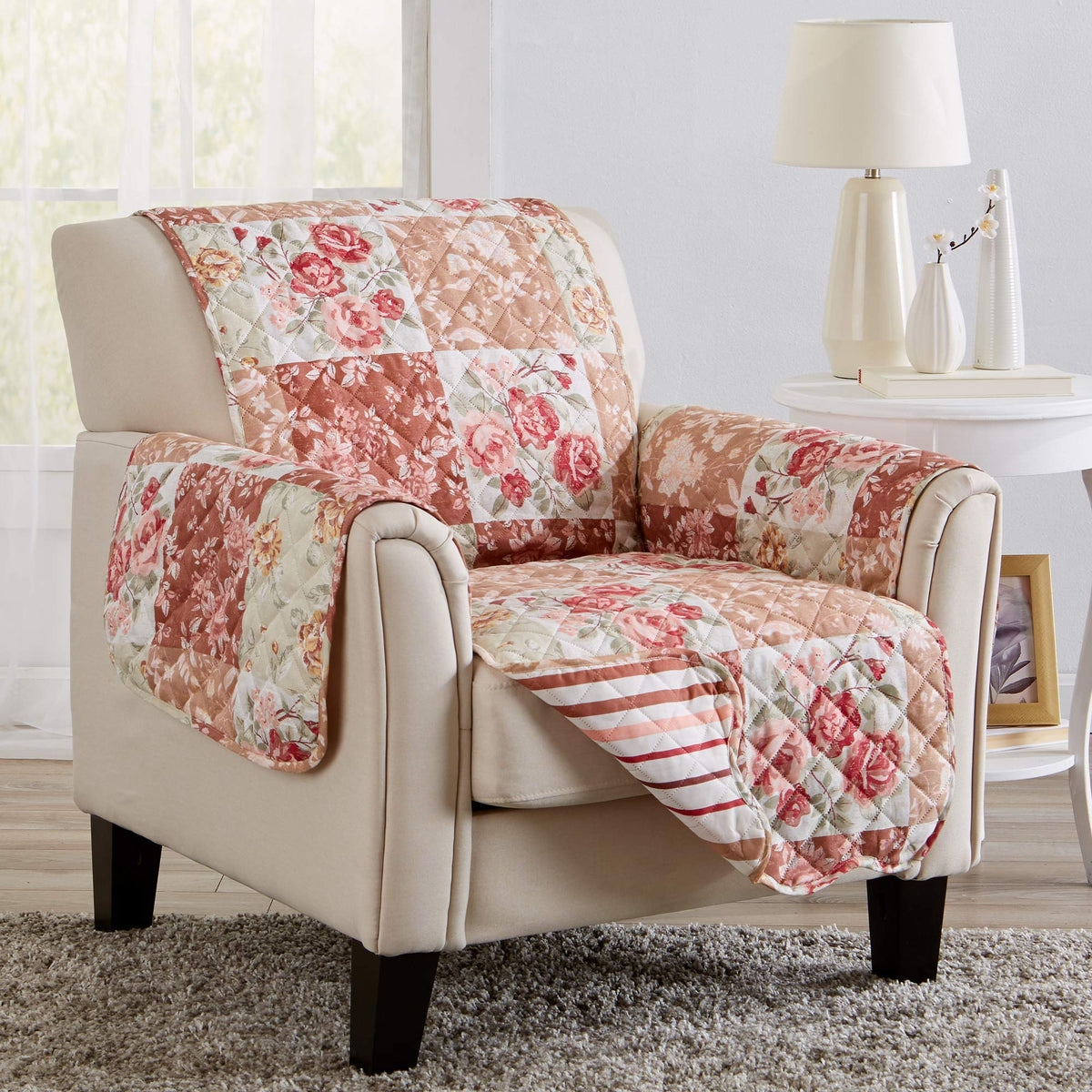 Great Bay Home Reversible Patchwork Sofa Cover - Washable Slipcover Furniture Protector with Elastic Straps - Perfect for Kids & Pets - Box-Stitched Detail (Taupe)