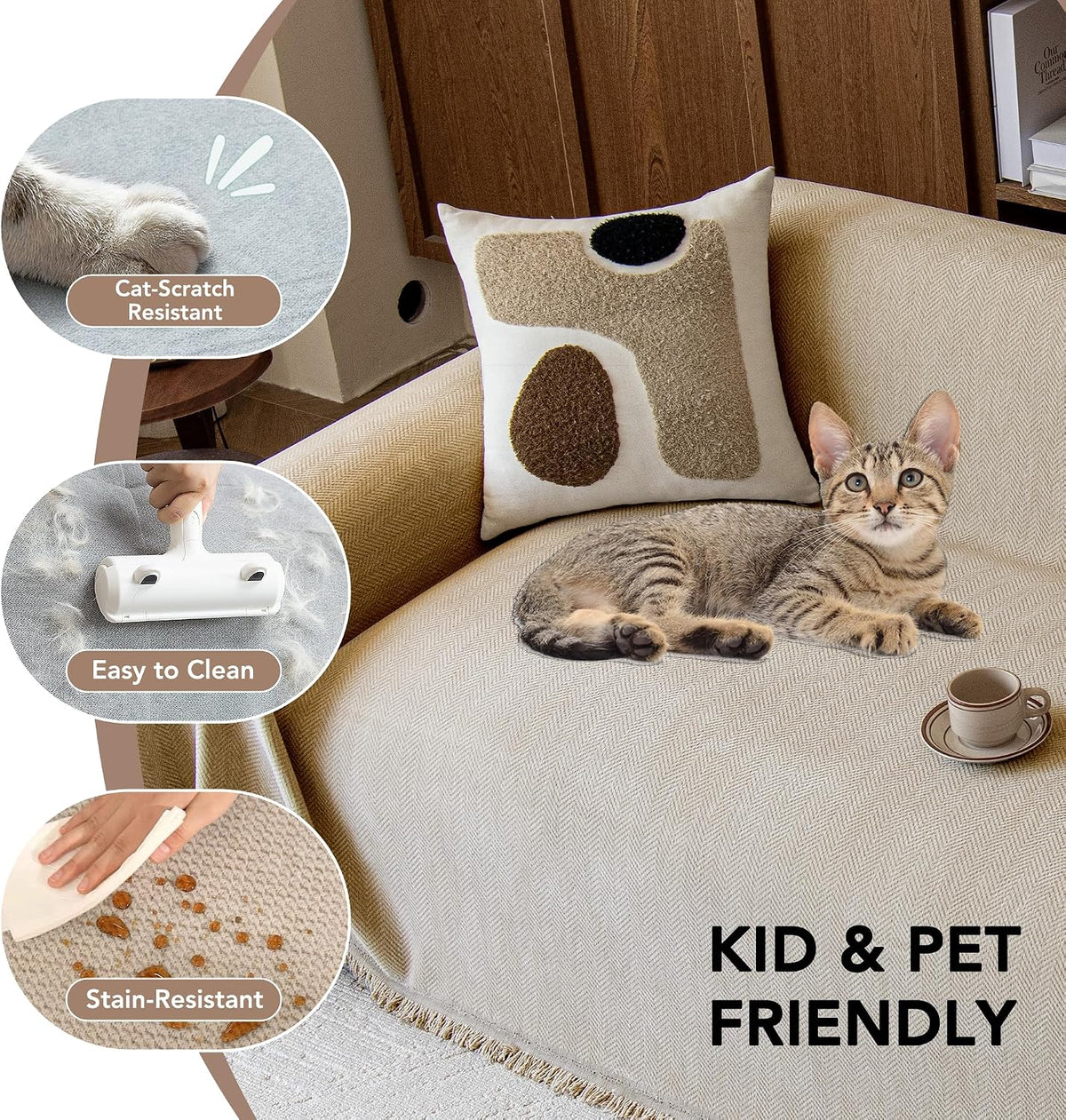 Couch Covers for Dogs 3 Cushion, Loveseat Slipcovers Washable, Pet L Shape Sectional Protector, Boho Sofa Blanket Cover, Herringbone Chenille, Light Khaki, 71"x118"