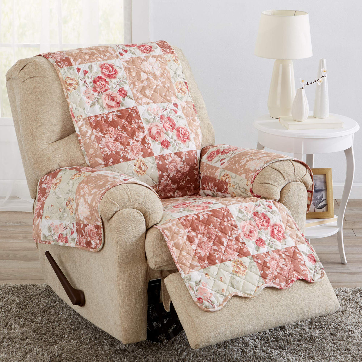 Great Bay Home Reversible Patchwork Loveseat Cover - Washable Slipcover Furniture Protector with Elastic Straps - Perfect for Kids & Pets - Box-Stitched Detail (Taupe)