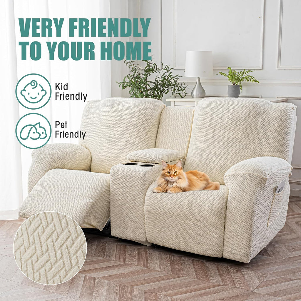 Genina Recliner Loveseat Covers with Console,2 Seater,Beige