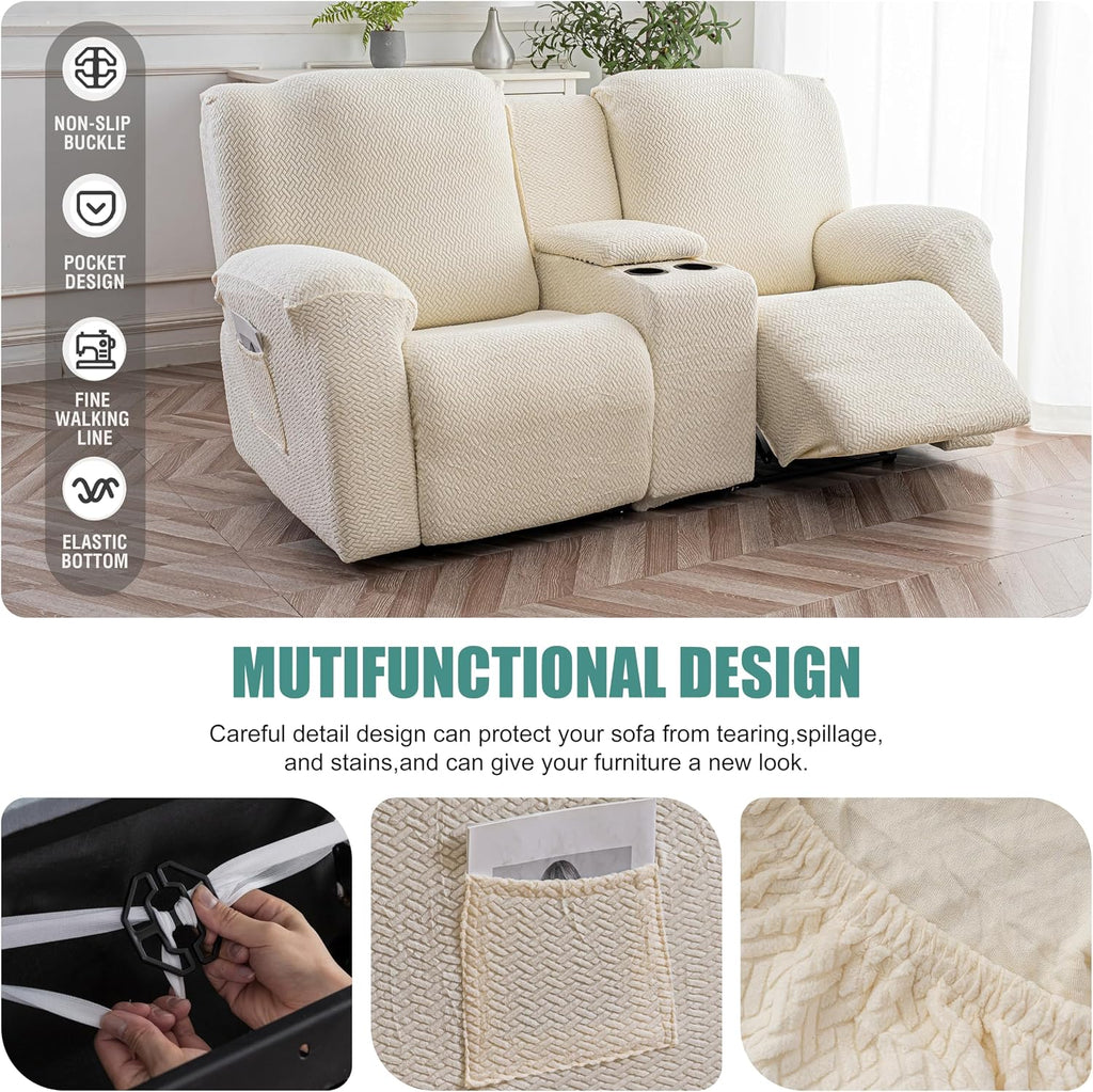 Genina Recliner Loveseat Covers with Console,2 Seater,Beige