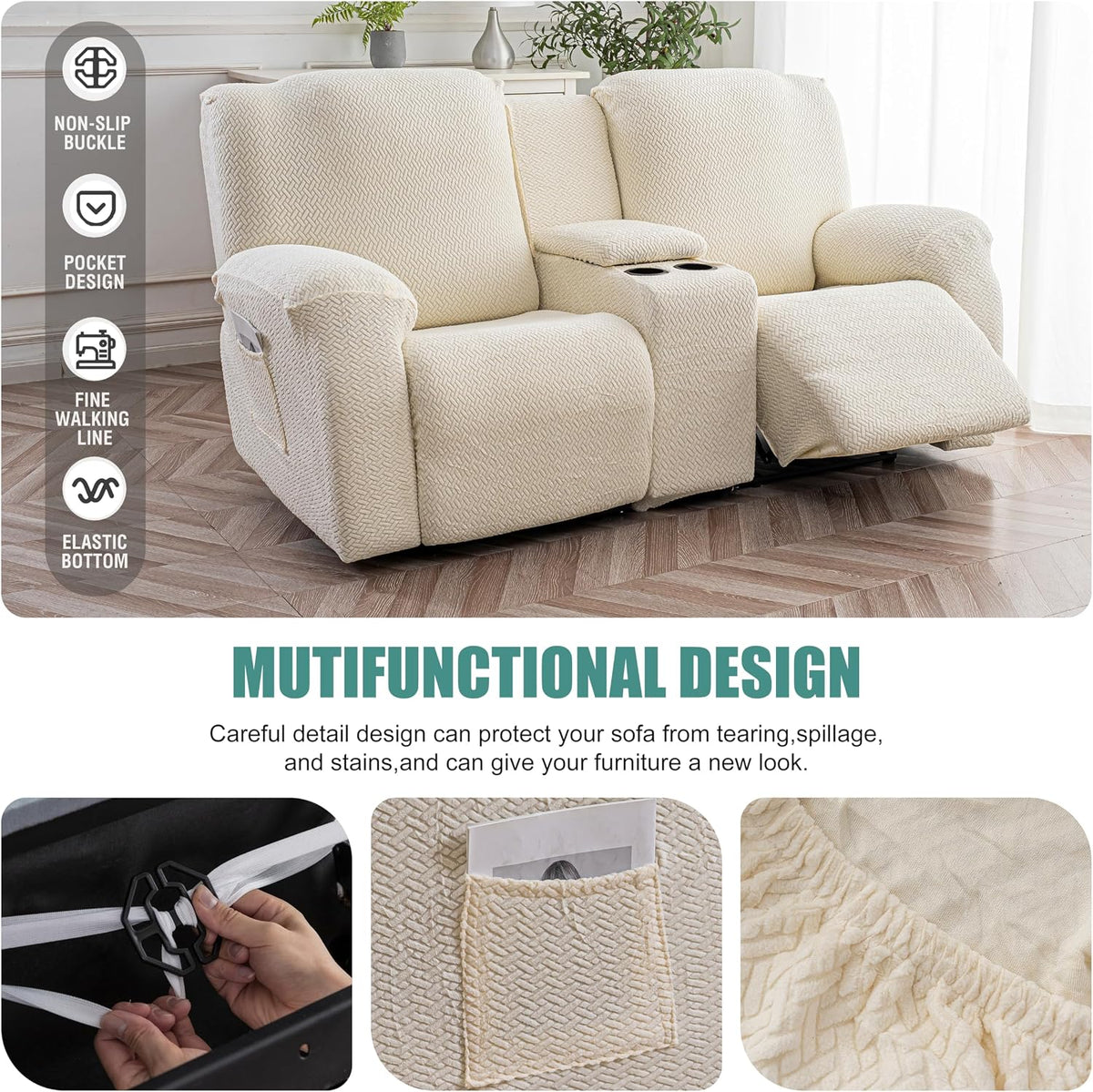 Genina Recliner Loveseat Covers with Console,2 Seater,Beige