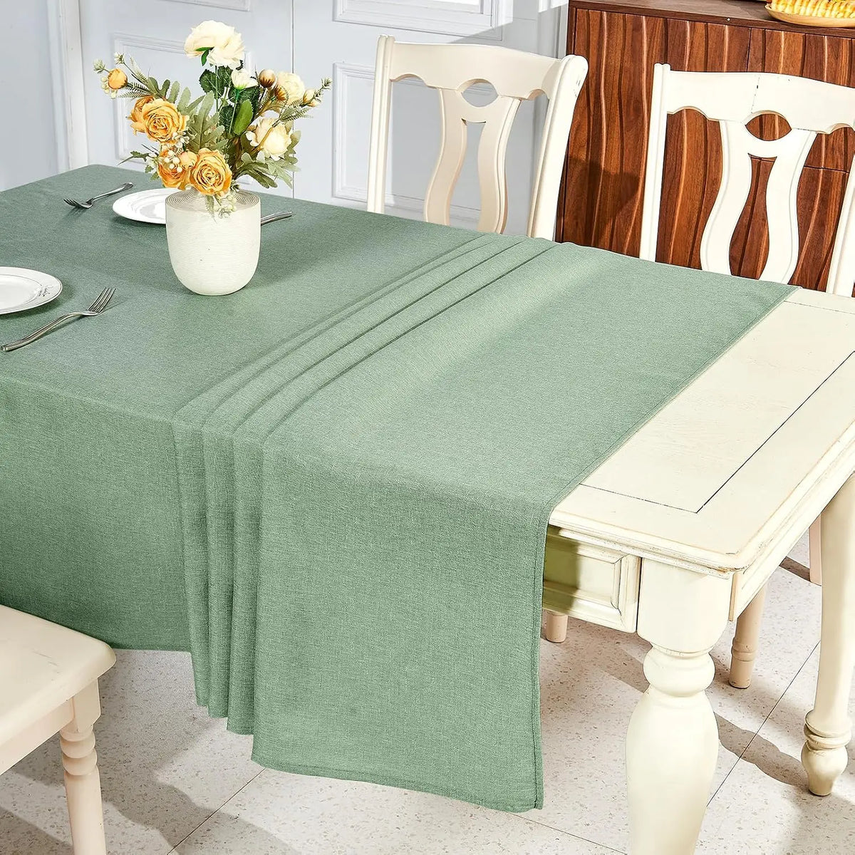 Polyester Rectangle Tablecloth - Sage Green, 60x104 in, Wrinkle-Free, Wipe-Clean, Waterproof, Machine Washable, Solid Textured Dining Cover for Party, Spring Wedding Kitchen Decor