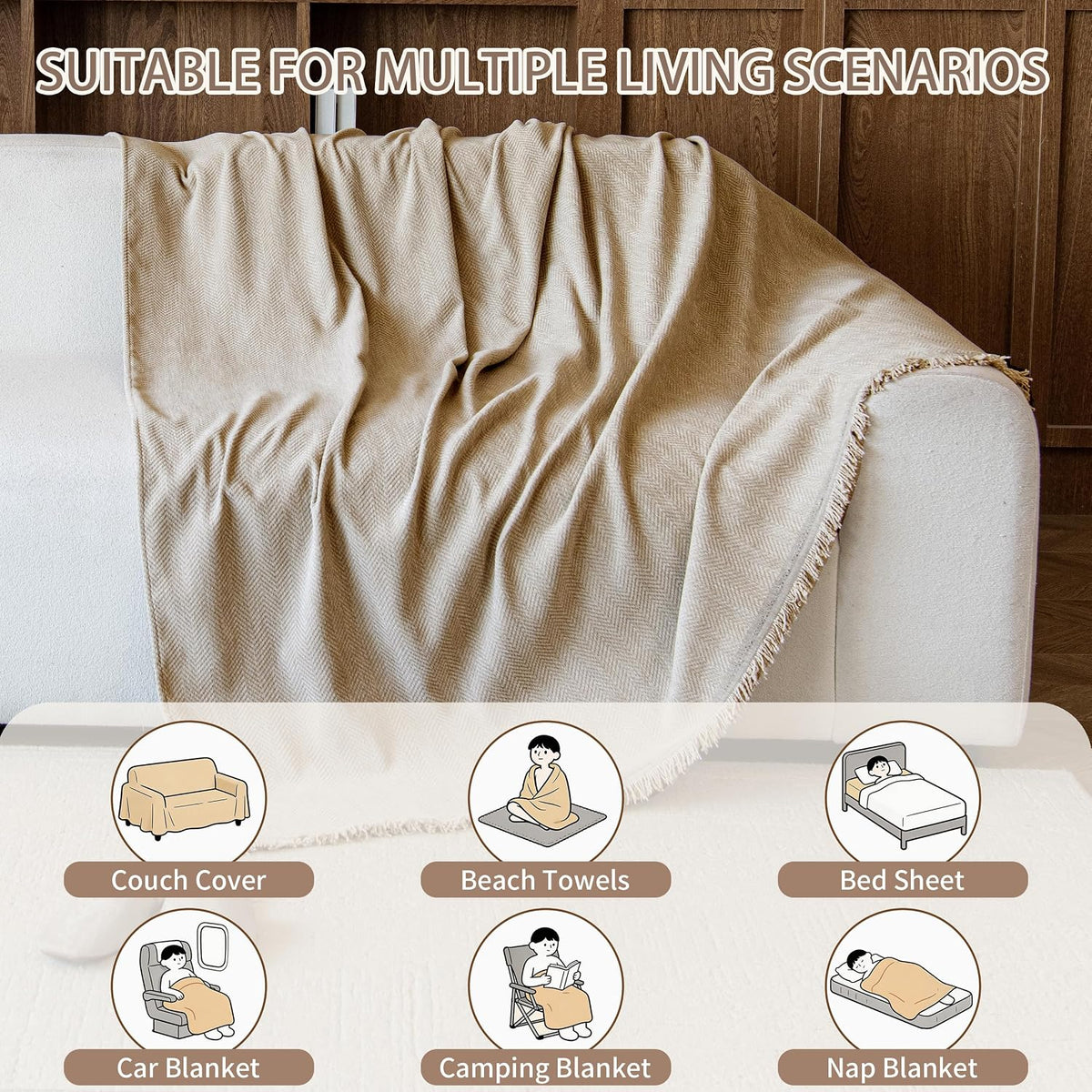 Couch Covers for Dogs 3 Cushion, Loveseat Slipcovers Washable, Pet L Shape Sectional Protector, Boho Sofa Blanket Cover, Herringbone Chenille, Light Khaki, 71"x118"