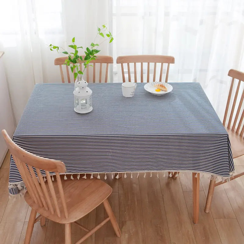 Nordic striped dining tablecloth for picnics and outings, navy blue, fresh and simple, rectangular tablecloth, ins-style coffee table cloth