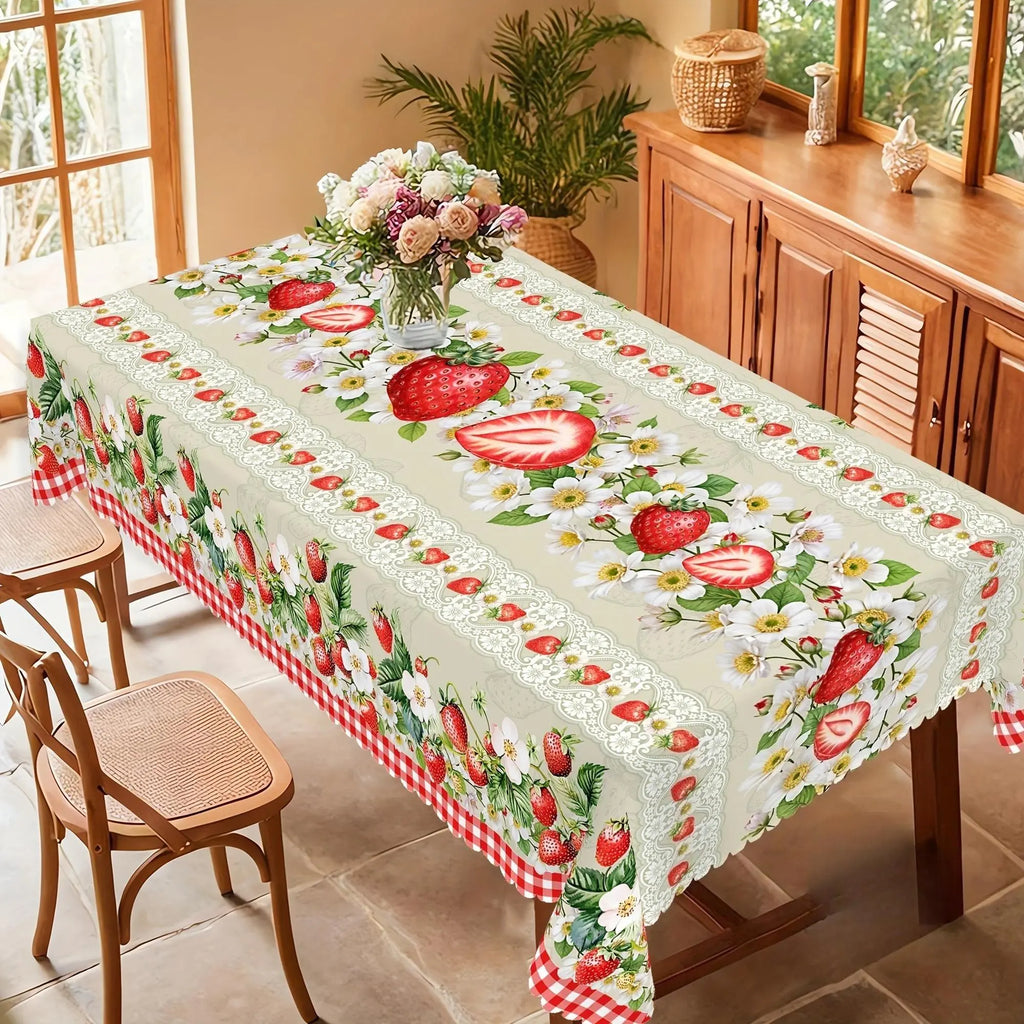 1 piece, strawberry-themed tablecloth, strawberry flower mesh design, country style rectangular tablecloth, spring and summer decoration, Home party decorations, kitchen accessory, indoor and outdoor decoration