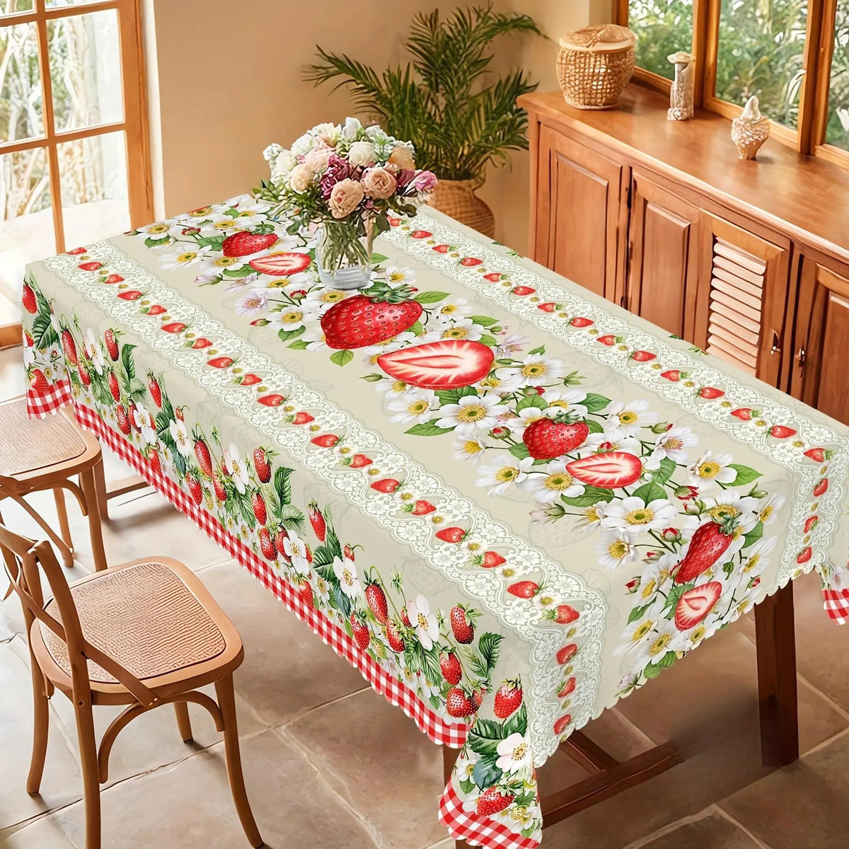 1 piece, strawberry-themed tablecloth, strawberry flower mesh design, country style rectangular tablecloth, spring and summer decoration, Home party decorations, kitchen accessory, indoor and outdoor decoration
