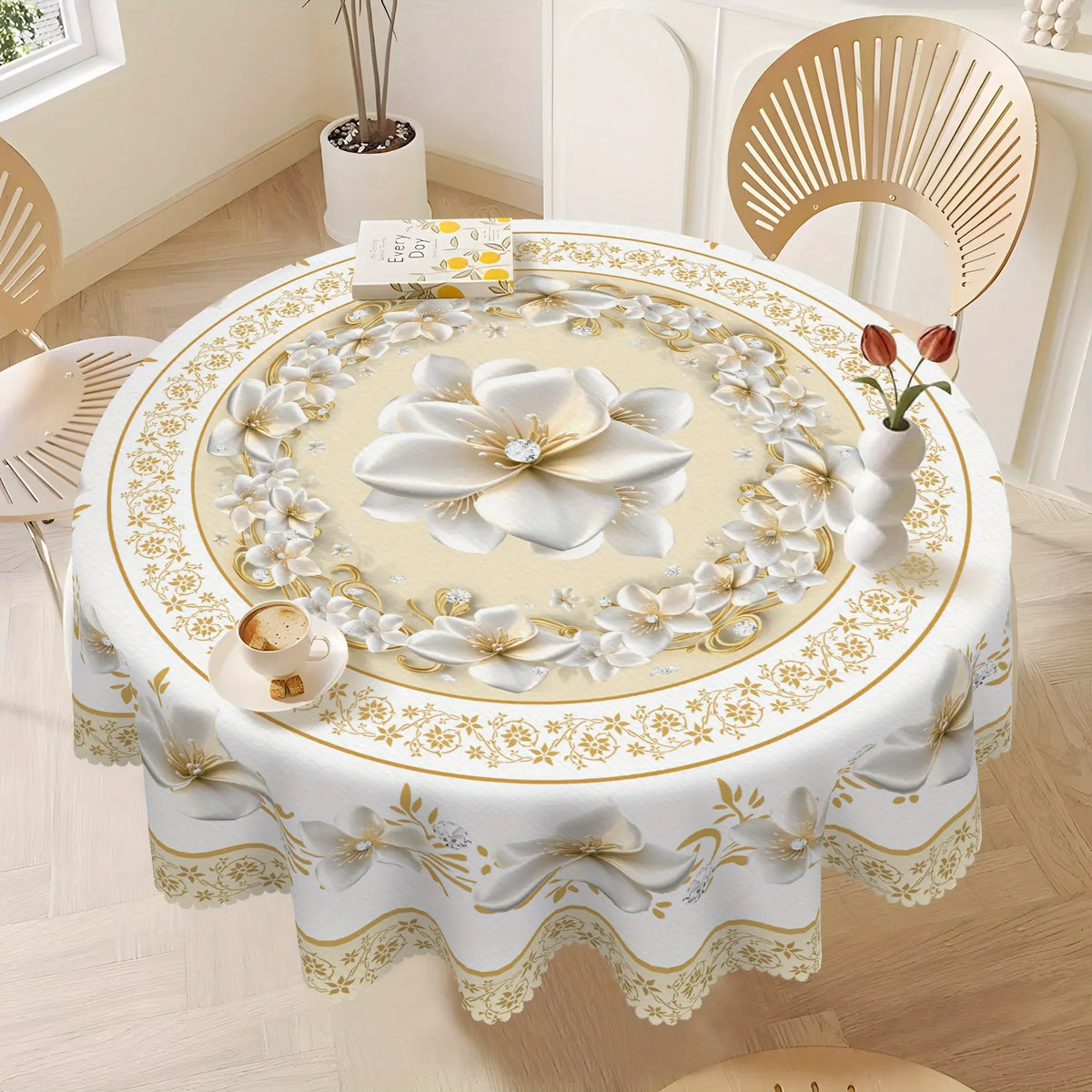 Floral Tablecloth, Elegant Floral Brick And Stone Golden Design, Perfect Spring And Summer Decor, Floral Gift, Ideal for Indoor Outdoor/ Party/ Wedding And Home Decor, Floral Decor, Golden Round/ Rectangular/ Oval Tablecloth