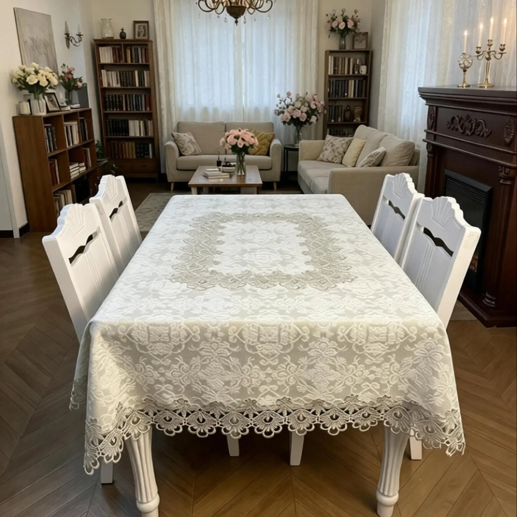 Embroidered Tablecloth, European Style Durable Heat-Resistant Easy-Clean Rectangular Cloth, Lace Trim, Ideal for Kitchen Dining Living Room Cafe, Multiple Sizes Available
