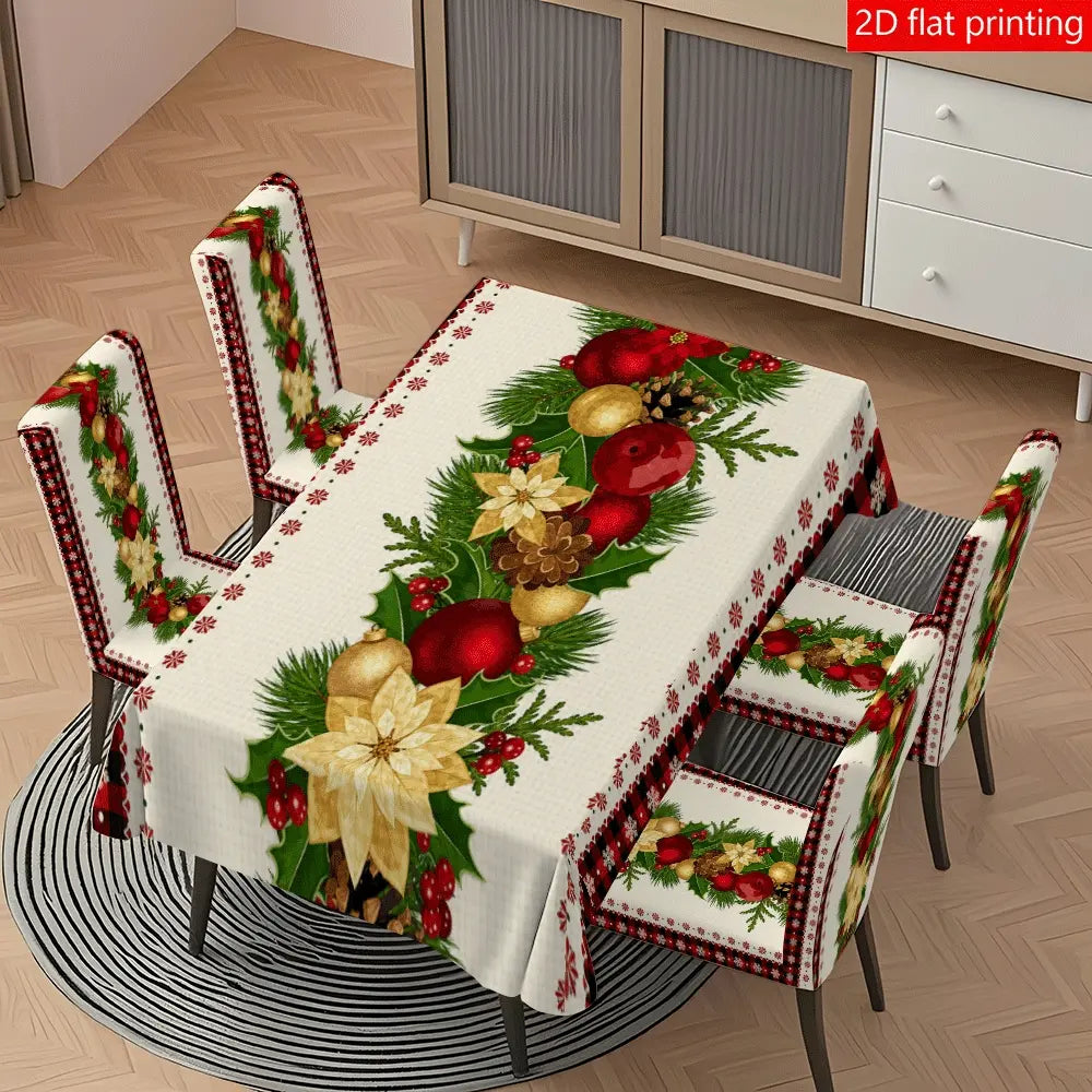 5PCS/7PCS Christmas Pinecone Crimson Tablecloth Chair Cover Set (1 tablecloth+4/6 chair covers) 140*210cm tablecloth, easy to disassemble and wash, suitable for home decoration, Home Party Decorations, camping, weddings, hotels