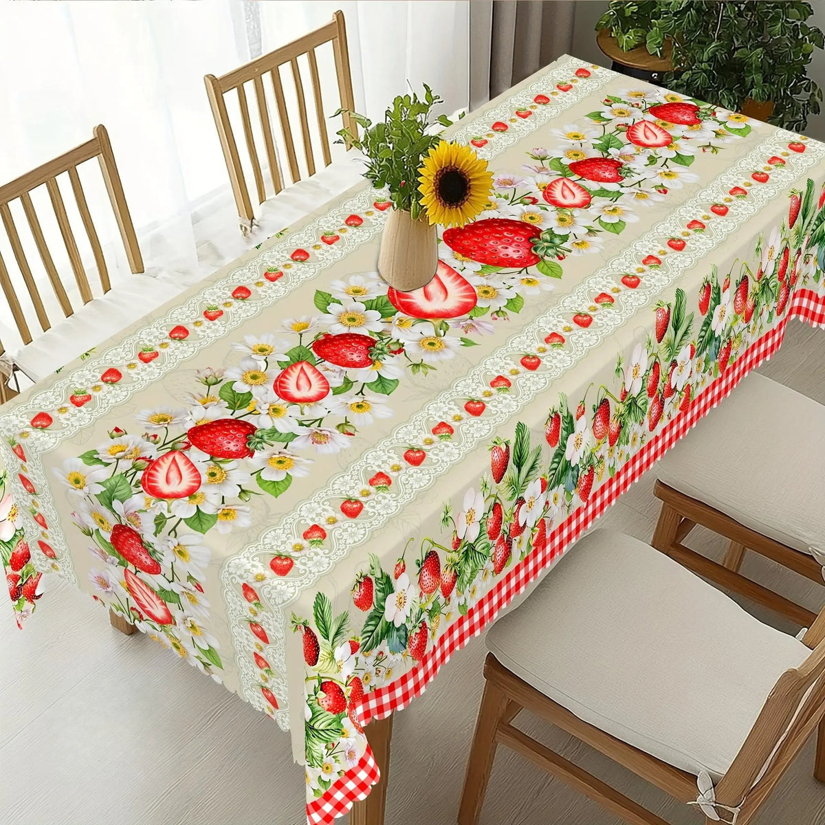 1 piece, strawberry-themed tablecloth, strawberry flower mesh design, country style rectangular tablecloth, spring and summer decoration, Home party decorations, kitchen accessory, indoor and outdoor decoration