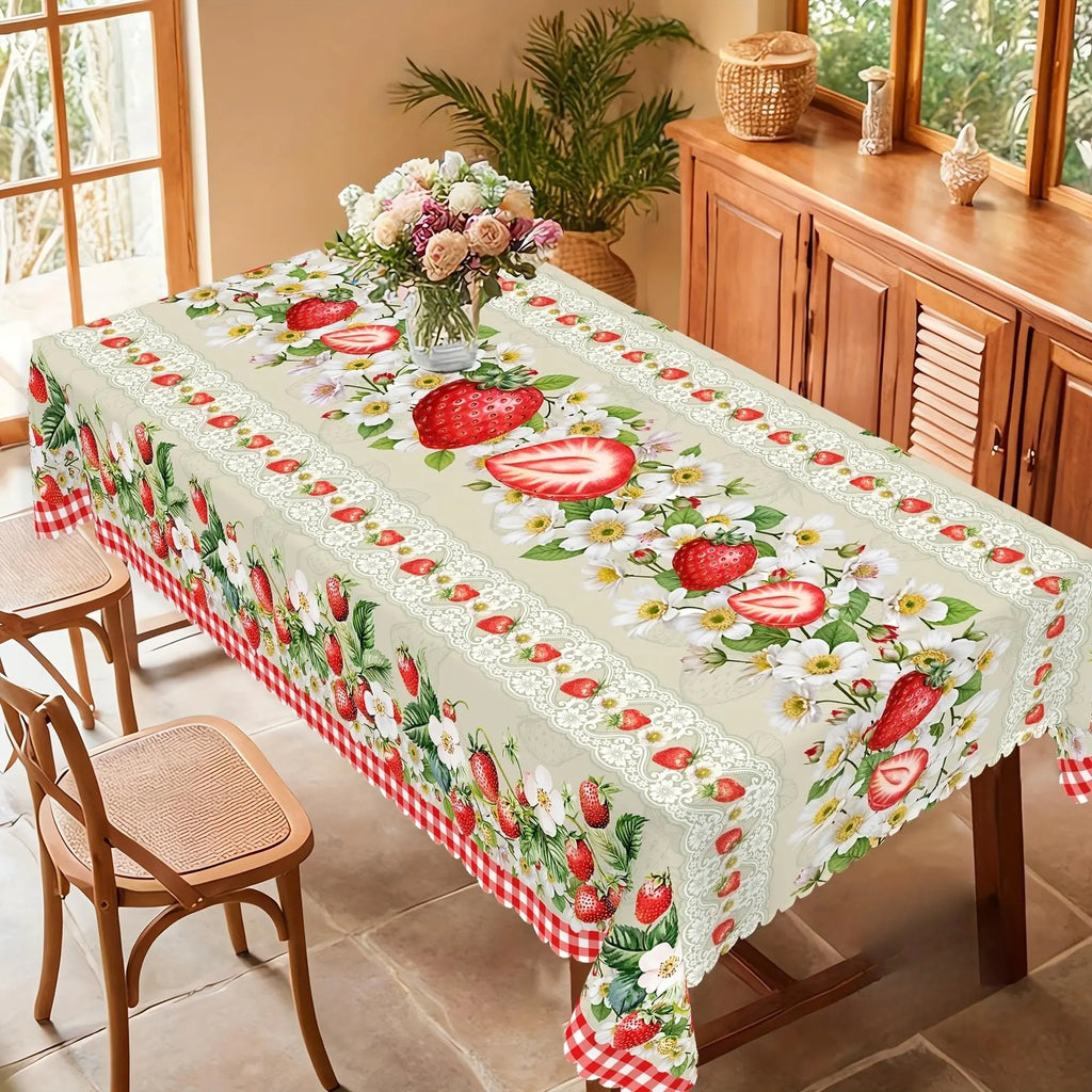 1 piece, strawberry-themed tablecloth, strawberry flower mesh design, country style rectangular tablecloth, spring and summer decoration, Home party decorations, kitchen accessory, indoor and outdoor decoration