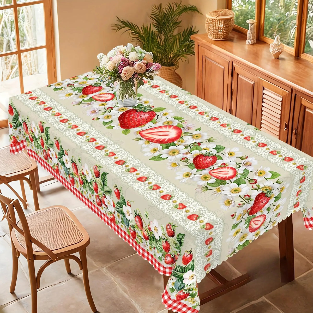 1 piece, strawberry-themed tablecloth, strawberry flower mesh design, country style rectangular tablecloth, spring and summer decoration, Home party decorations, kitchen accessory, indoor and outdoor decoration