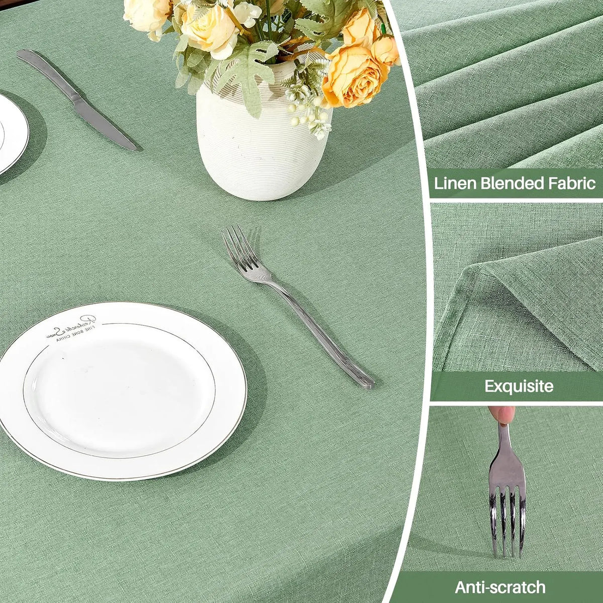 Polyester Rectangle Tablecloth - Sage Green, 60x104 in, Wrinkle-Free, Wipe-Clean, Waterproof, Machine Washable, Solid Textured Dining Cover for Party, Spring Wedding Kitchen Decor